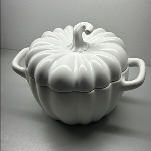 Charming White Pumpkin Ceramic Tureen, 6-8” Diameter,Dishwasher & Microwave Safe